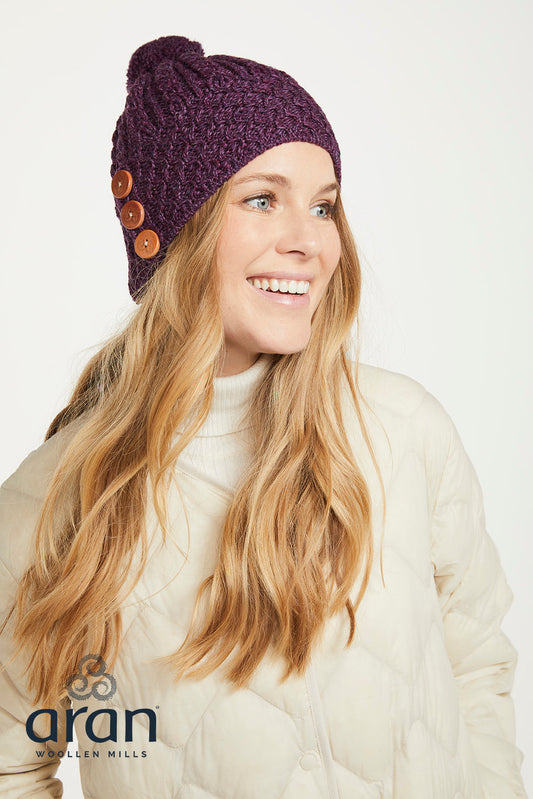 Aran Woollen Mills - B595 | wool hat with pompon and buttons