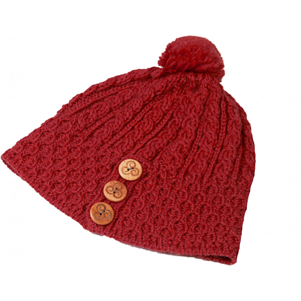 Aran Woollen Mills - B595 | wollen muts met pompon en knopen Rich red