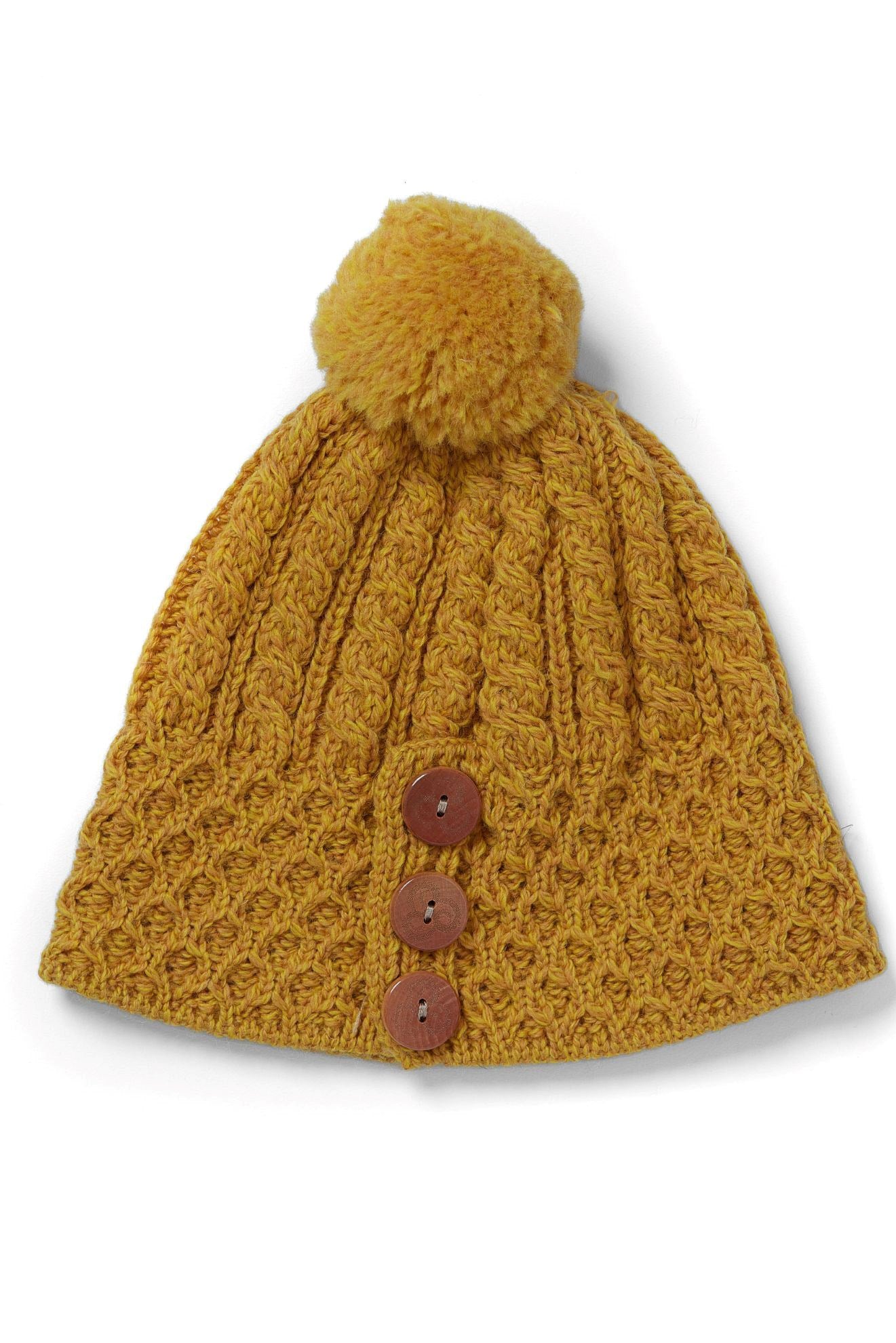 Aran Woollen Mills - B595 | wollen muts met pompon en knopen Sunflower