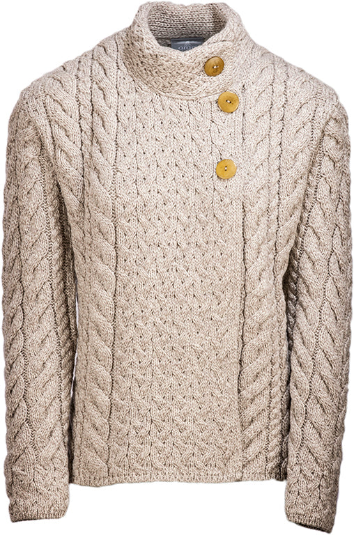 Aran Woollen Mills - B840 | damestrui merinowol met knopen Oatmeal
