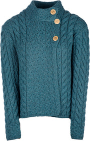 Aran Woollen Mills - B840 | damestrui merinowol met knopen Irish Sea