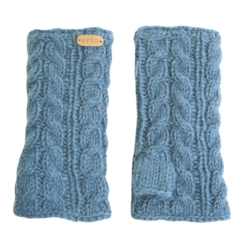 Erin Knitwear - Aran Cable handwarmers | polswarmers van wol Denim blue
