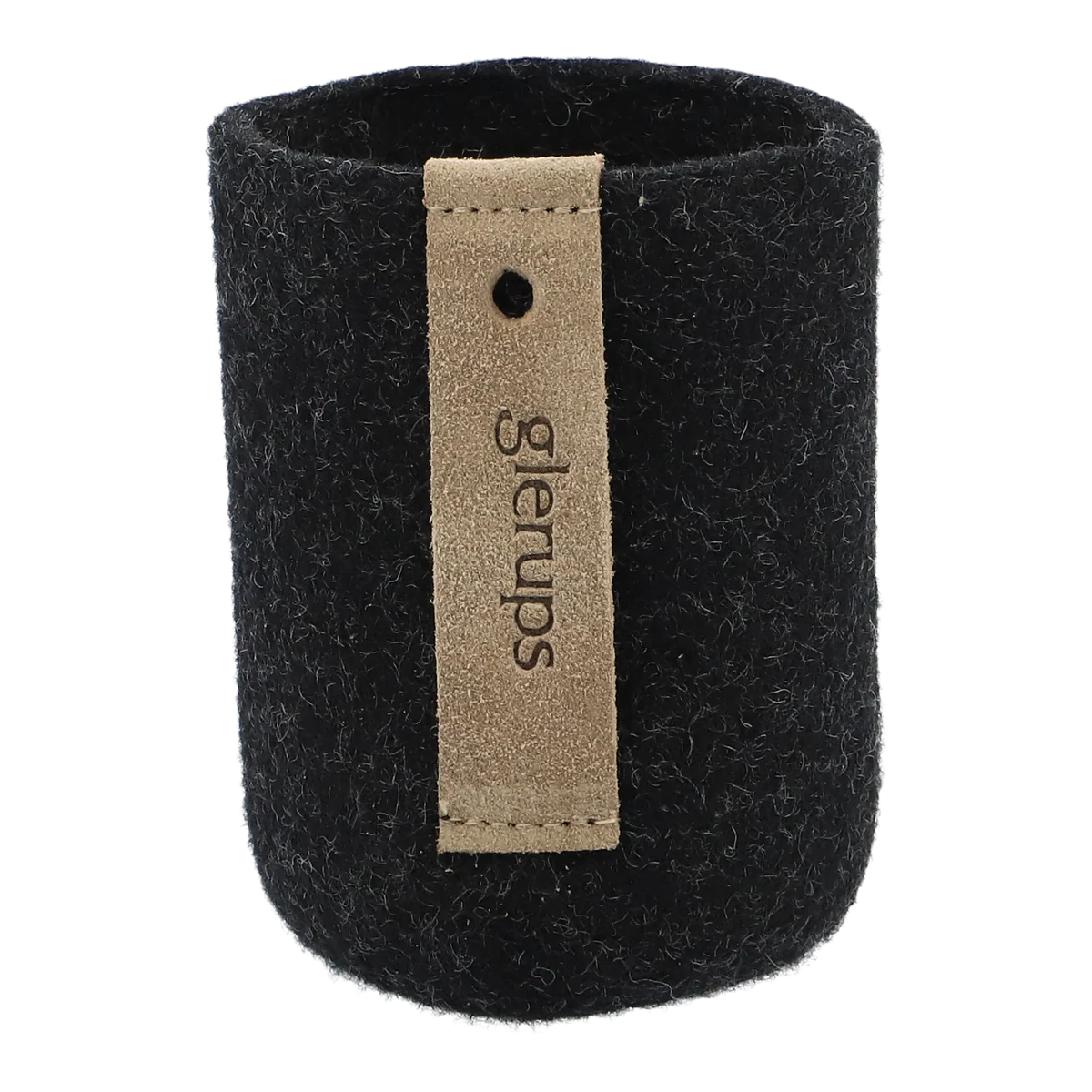 Zwarte Glerups bekerhouder van gevilte wol met leren label, getoond als duurzaam en stijlvol opbergaccessoire.
