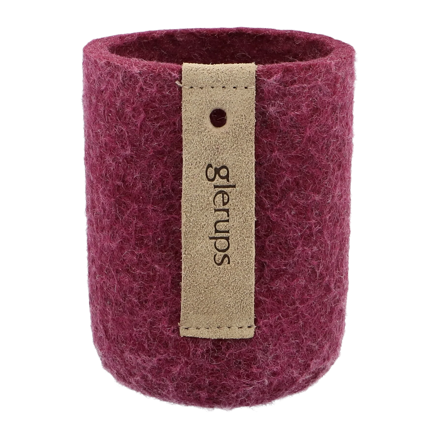 Rode Glerups bekerhouder van gevilte wol met leren label, getoond als duurzaam en stijlvol opbergaccessoire.