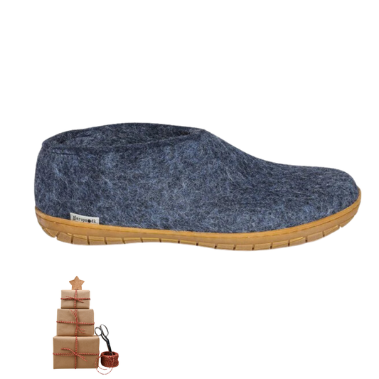 Glerups wollen schoen in denim met rubberzool, warme pantoffel