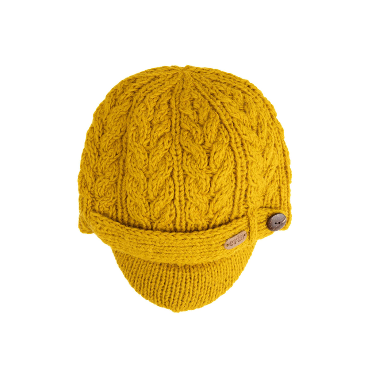 Erin Knitwear - Aran Cable Peak Hat | wollen muts met klep Mustard