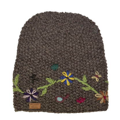 Planet wool - Long flower hat | wollen muts met bloemen Brown