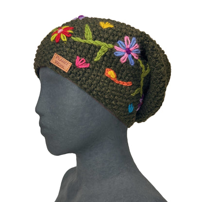 Planet wool - Long flower hat | wollen muts met bloemen