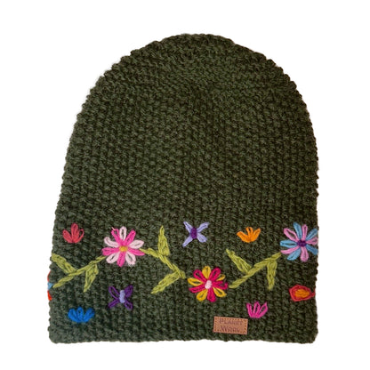 Planet wool - Long flower hat | wollen muts met bloemen