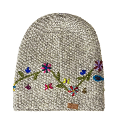 Planet wool - Long flower hat | wollen muts met bloemen