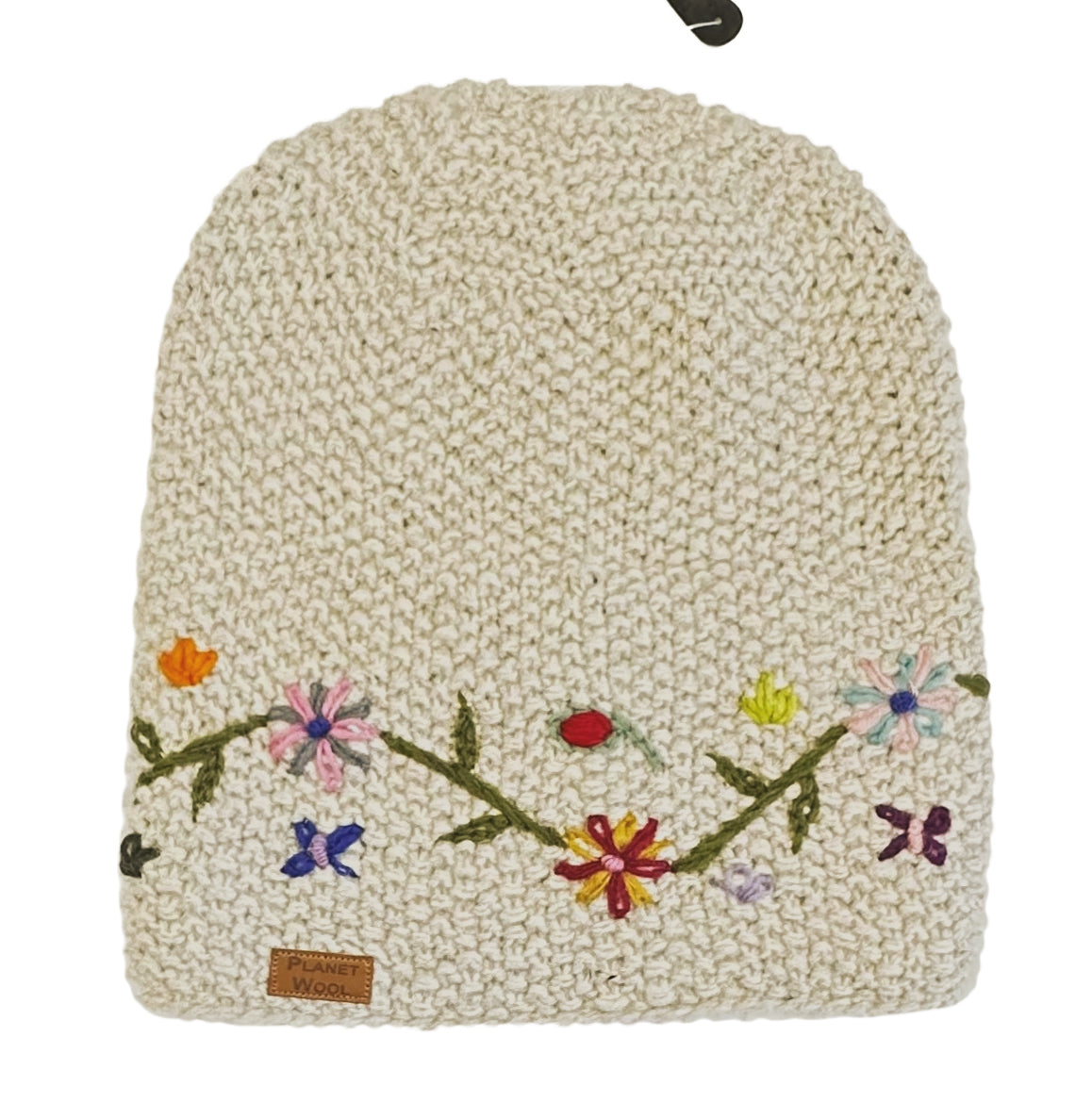 Planet wool - Long flower hat | wollen muts met bloemen Off-white coloured flowers