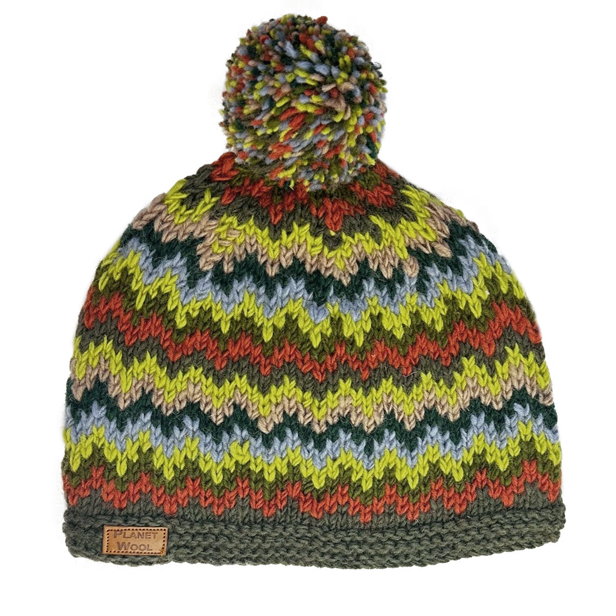 Planet Wool - Pompom hat Wave | wollen muts met fleecevoering Green