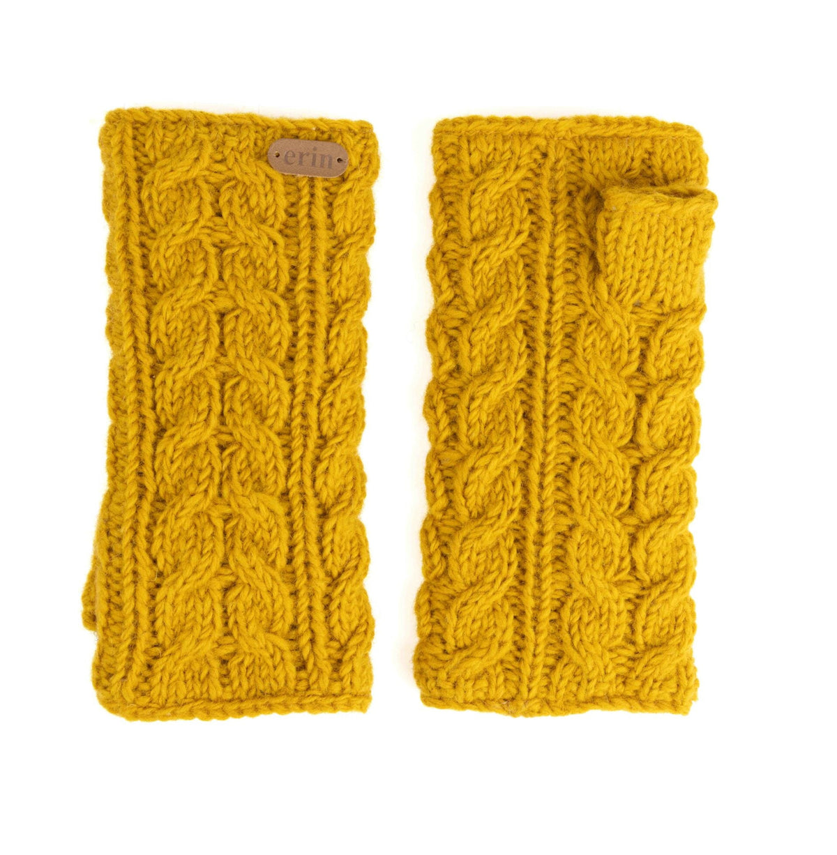 Erin Knitwear - Aran Cable handwarmers | polswarmers van wol Mustard