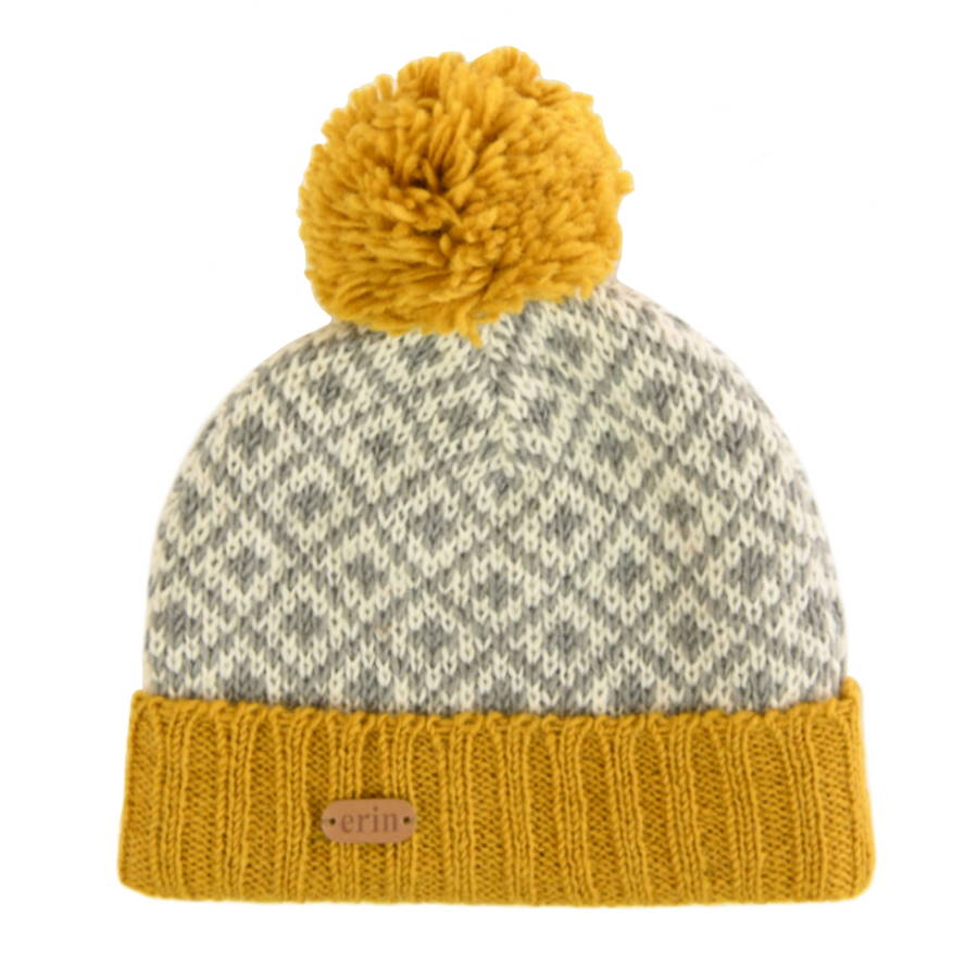 Erin Knitwear - Turn up hat bobble | wollen muts Yellow